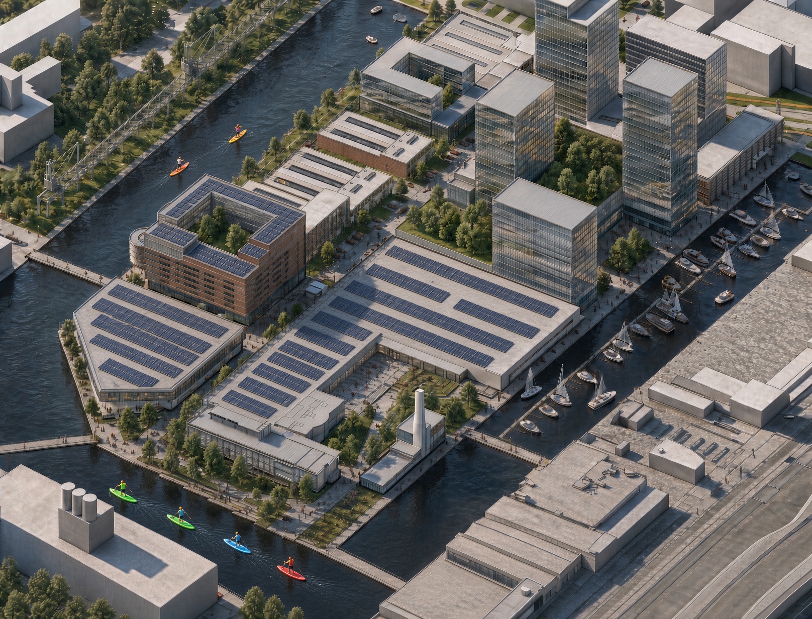 Binckhaven Impact Campus seen from above - solar roofs, the green quay and the water