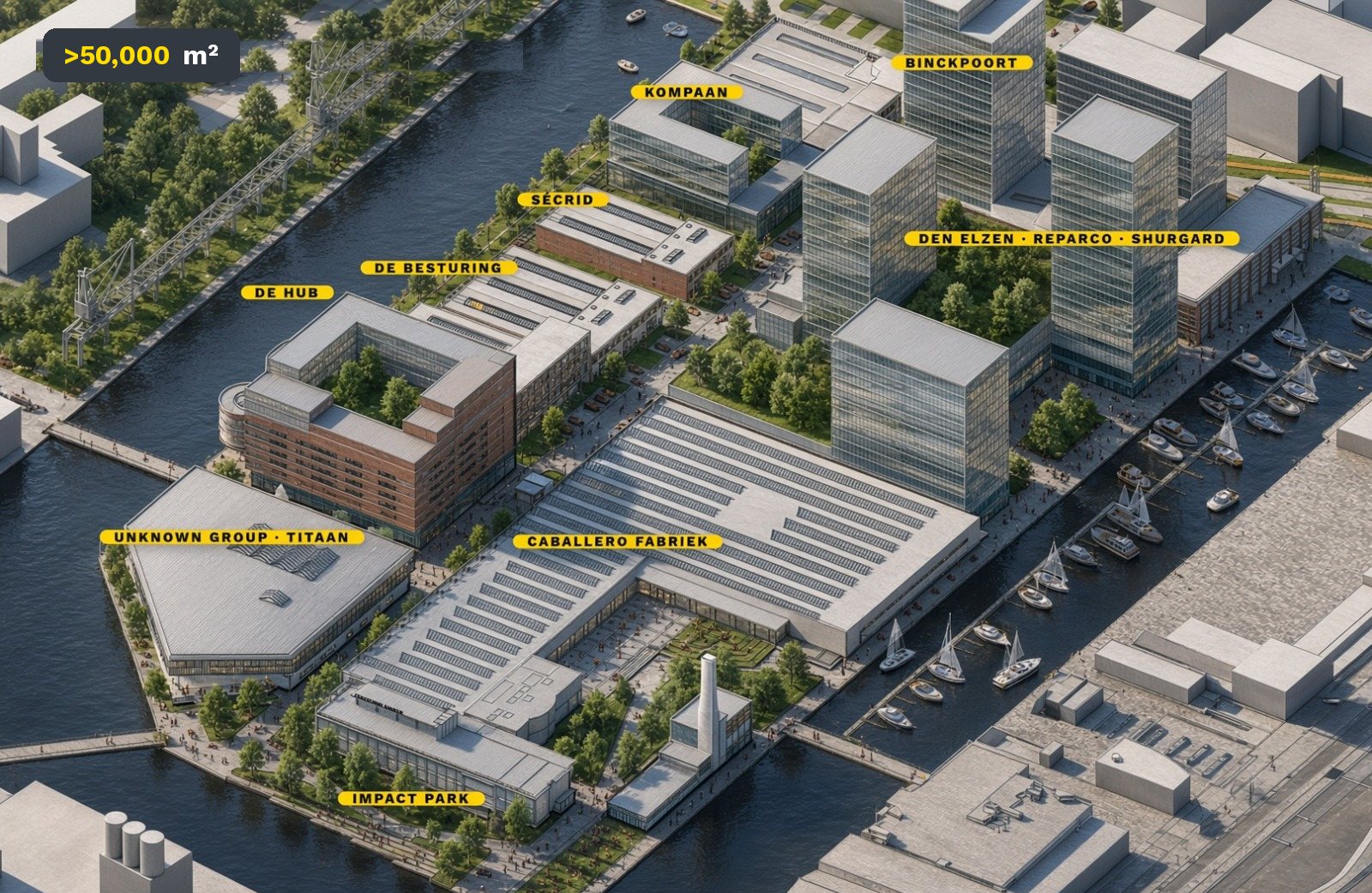 The Binckhaven Impact Campus as it will be - Titaan, the Caballero Fabriek, De Hub, Binckpoort and the Impact Park along the water