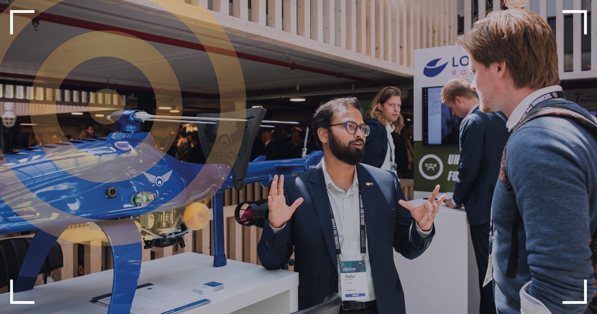 Founder presenting a drone at Securing the Future